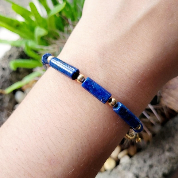 Vintage 14K GF Lapis Lazuli Egyptian Scarab Gemstone Beaded Bracelet - Picture 2 of 8